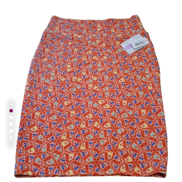 Lularoe Cassie Pencil Midi Skirt Medium Orange Print Geometric Retro Stretch - Picture 7 of 7